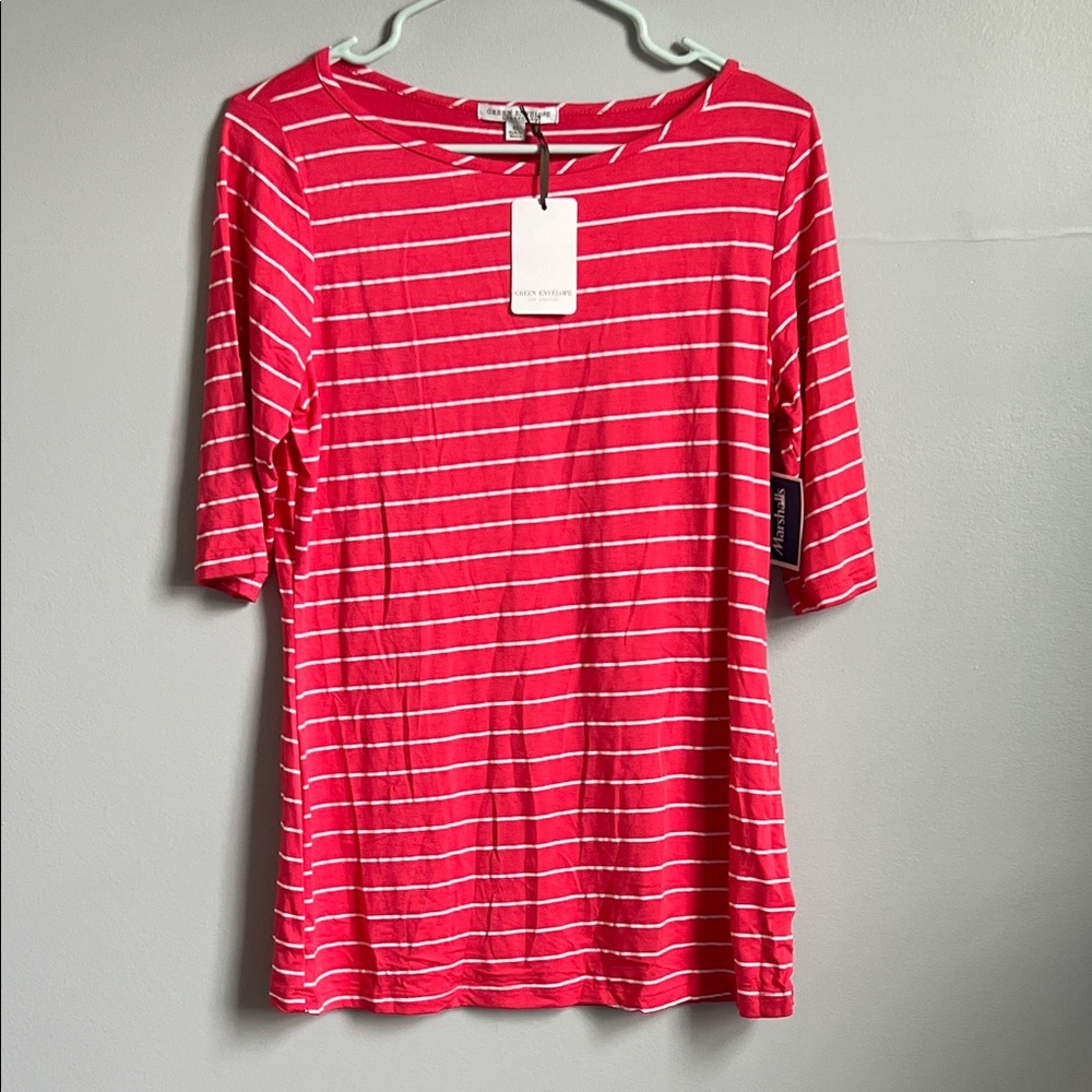 3/$25 Green Envelope Red and White Striped Top Nwt XL